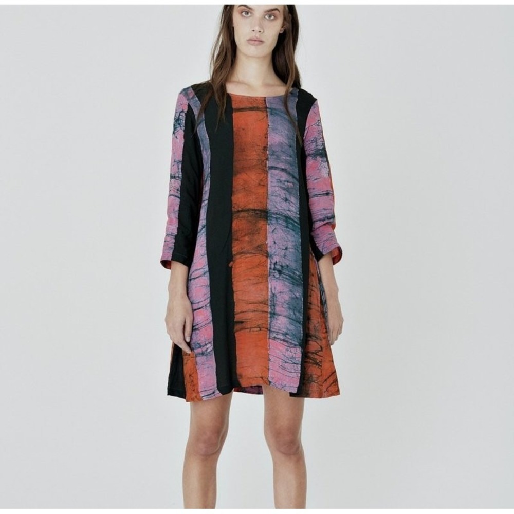 Osei-Duro Krobo Dress Lg Mini Shift 3/4 Sleeves Hand Dye Batik Stripe Geo Print